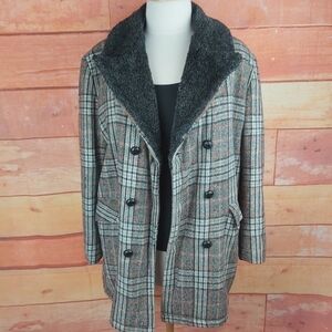 VINTAGE BORG reclaimed woolblend plaid double breasted winter coat